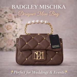 Badgley Mischka Mini Bag Brown Quilted Pearl Handle Crossbody NWT Wedding